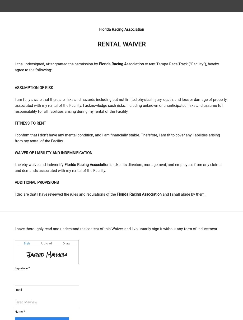 Rental Waiver Form Template