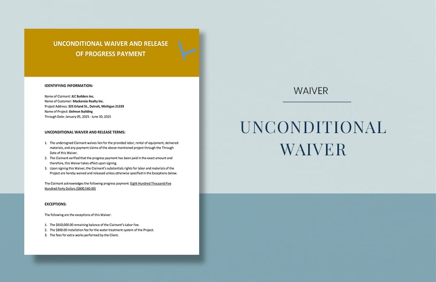 Sample Unconditional Waiver Template in Word, Google Docs, PDF