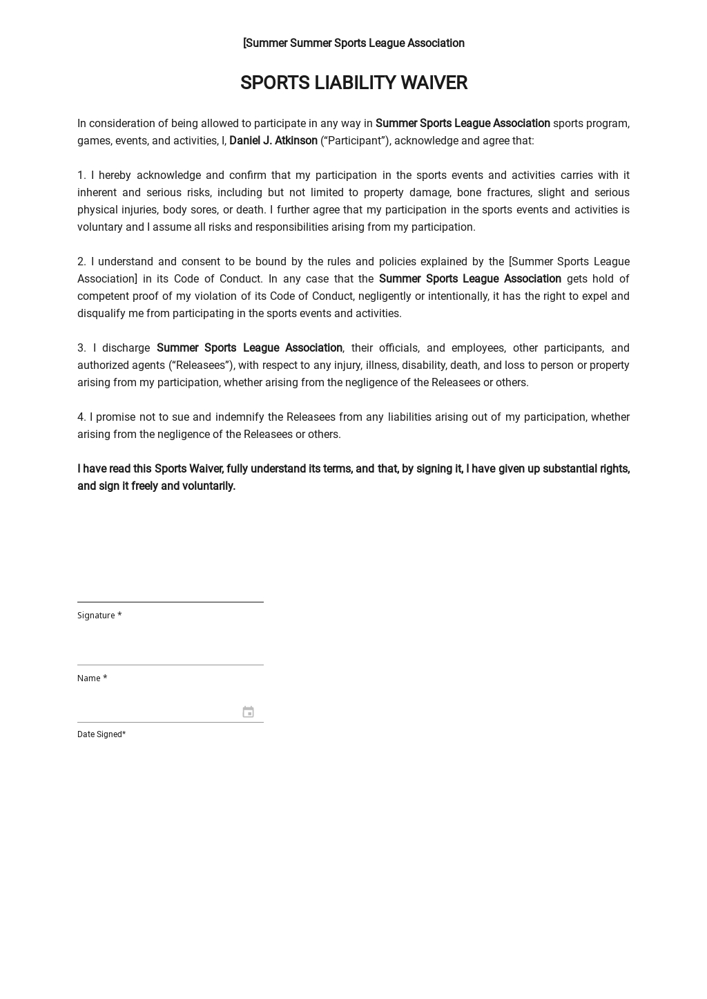 Sports Waiver of Liability Template Google Docs, Word