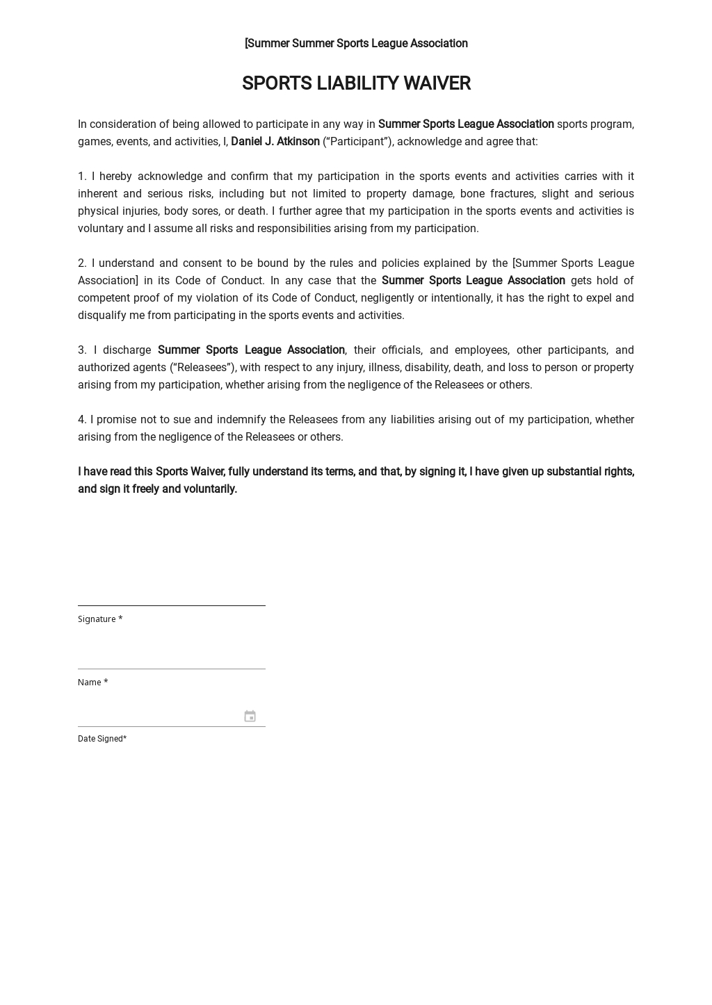 Sports Waiver Of Liability Template In Google Docs Word Template Net 