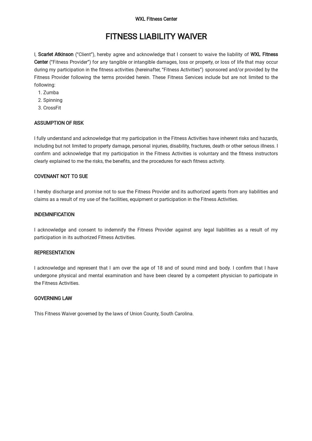 Fitness Liability Waiver Form Template Google Docs Word Template Net