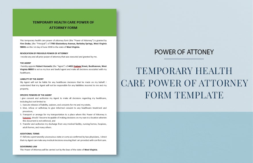 Temporary Health Care Power of Attorney Form Template