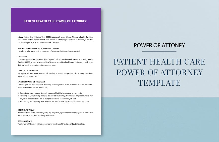 Patient Health Care Power of Attorney Template