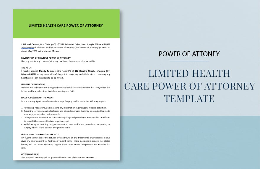 Limited Health Care Power of Attorney Template