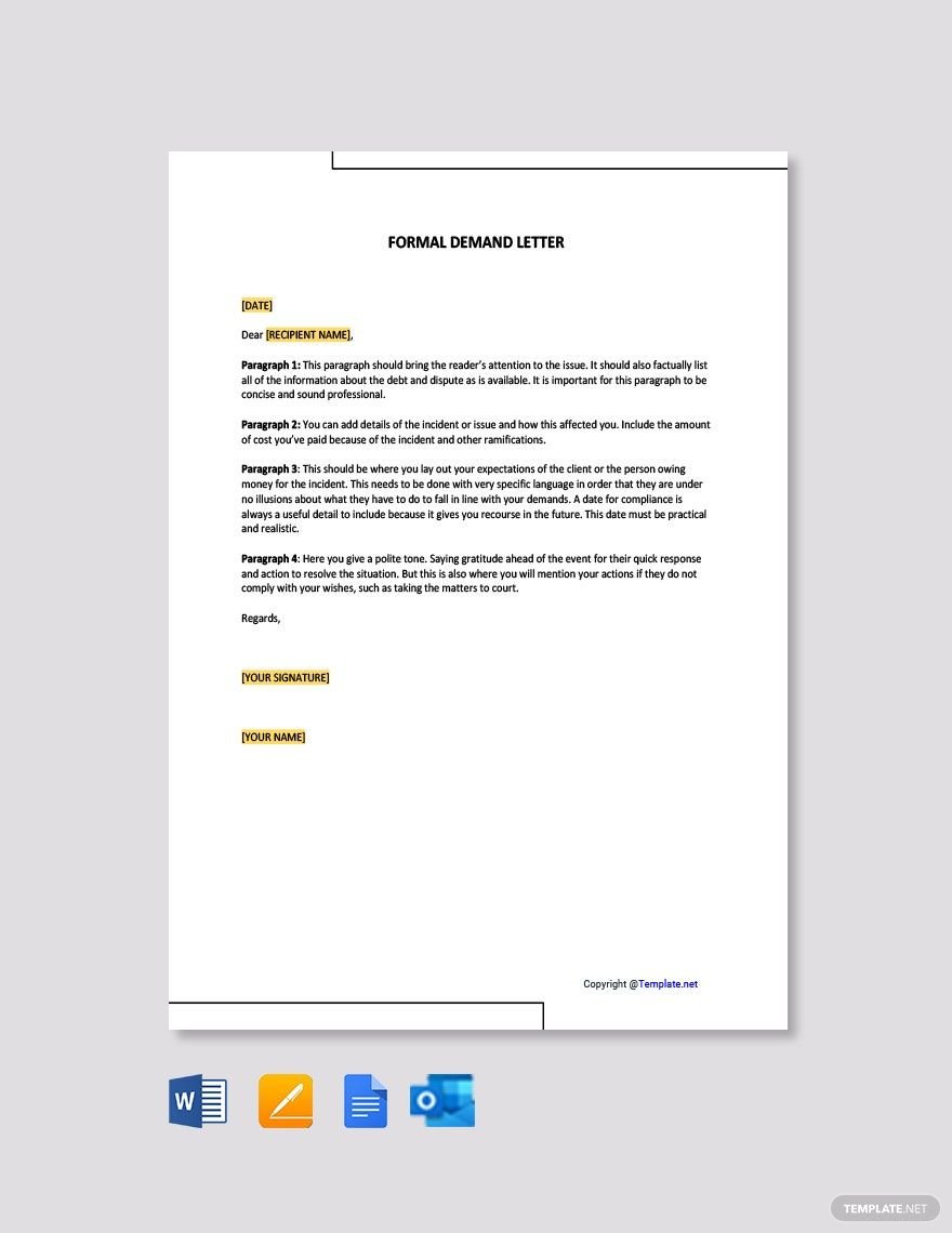 Formal Demand Letter in Word, Google Docs, PDF, Apple Pages, Outlook