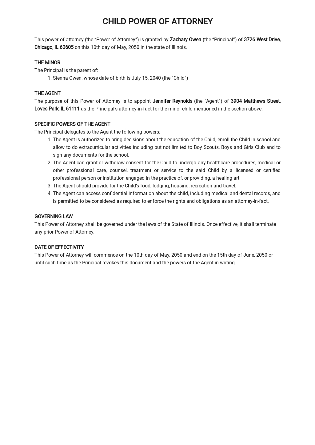 power of attorney for child care template