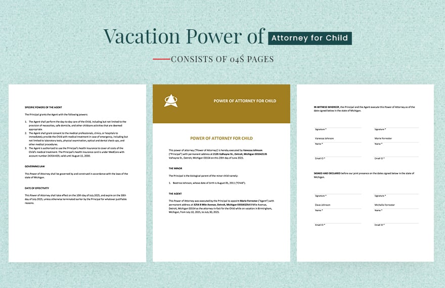 Vacation Power of Attorney for Child Template in Word, Google Docs, Apple Pages