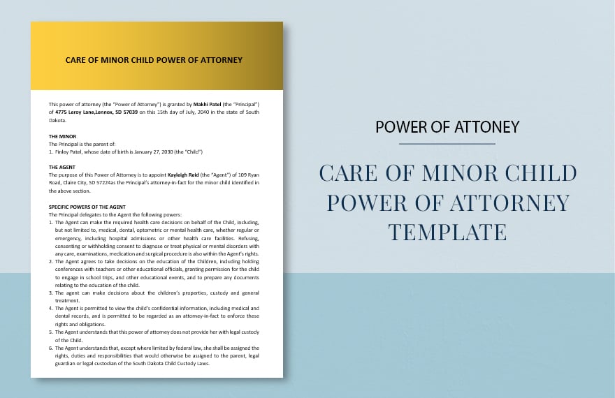 Care of Minor Child Power of Attorney Template