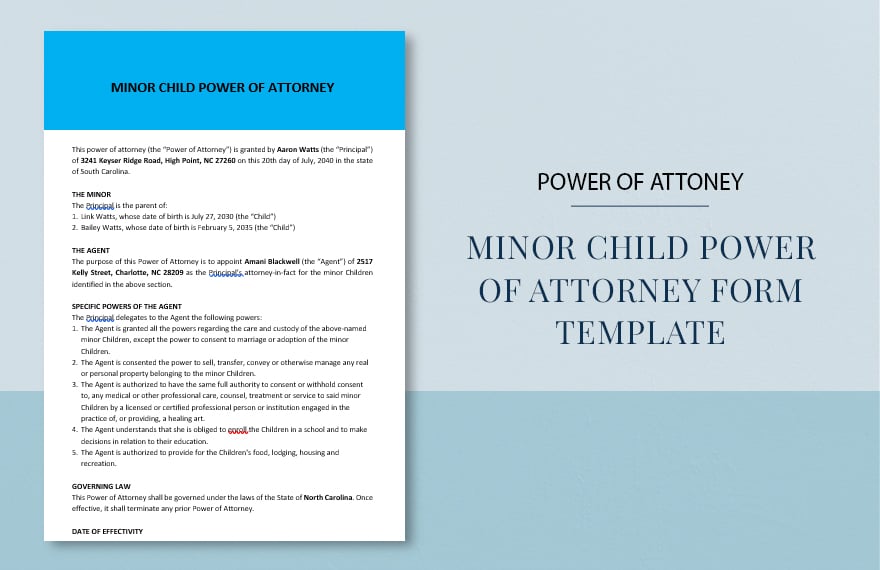 Minor Child Power of Attorney Form Template