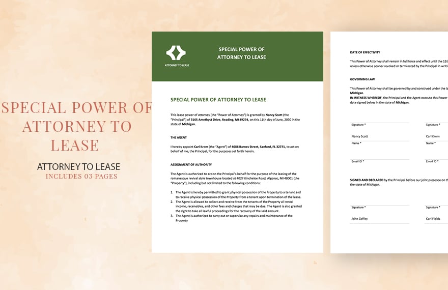 Special Power of Attorney to Lease Template