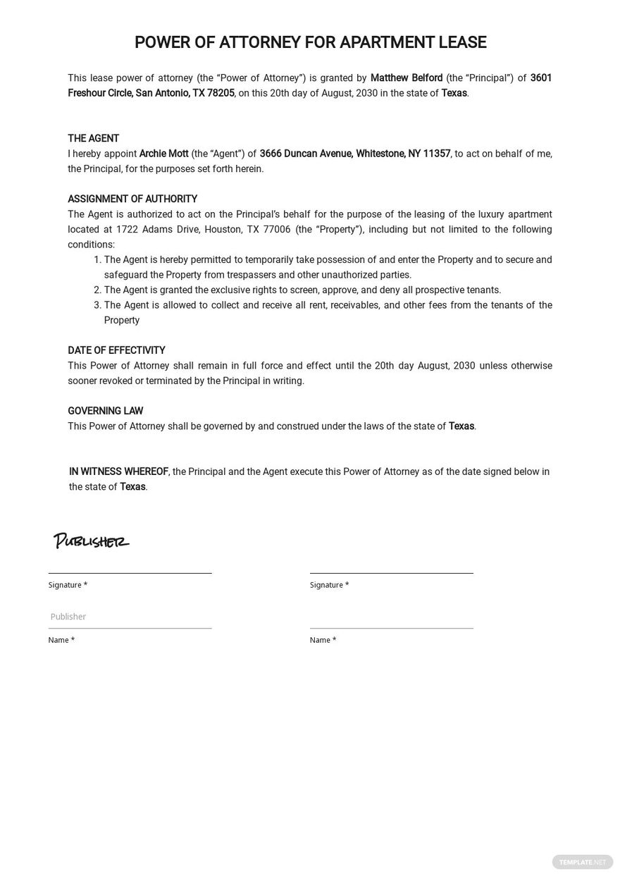 Power of Attorney for Apartment Lease Template - Google Docs, Word ...