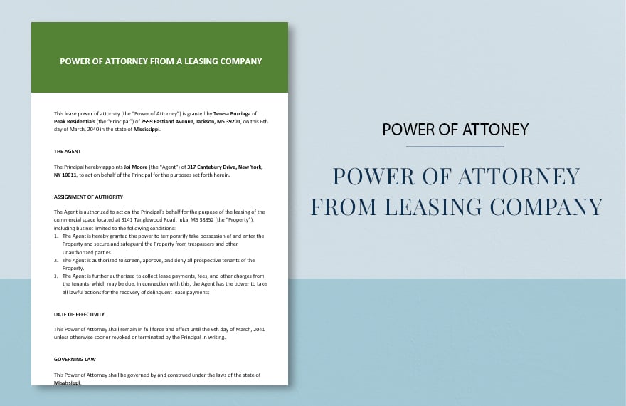 Power of Attorney from Leasing Company Template in Word, Google Docs