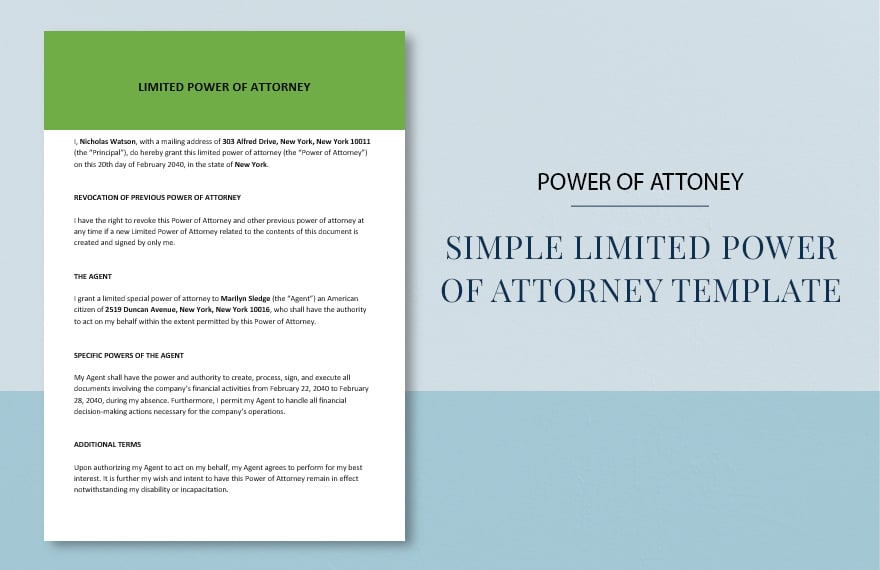 Simple Limited Power of Attorney Template in Word, Google Docs
