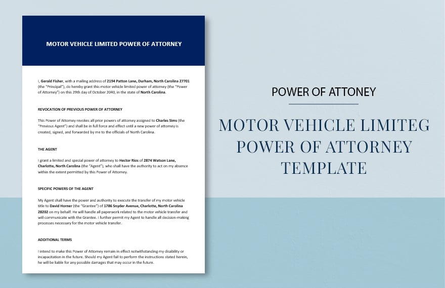 Motor Vehicle Limited Power of Attorney Template in Word, Google Docs