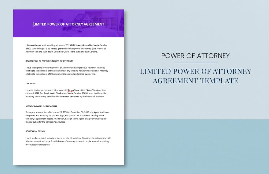 Limited Power of Attorney Agreement Template in Word, Google Docs