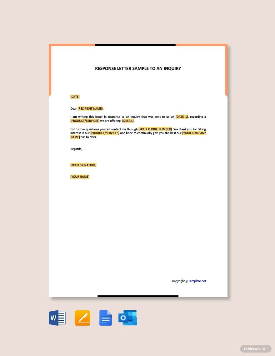 Response Letter Sample to an Inquiry in Word, Google Docs, PDF, Apple Pages, Outlook
