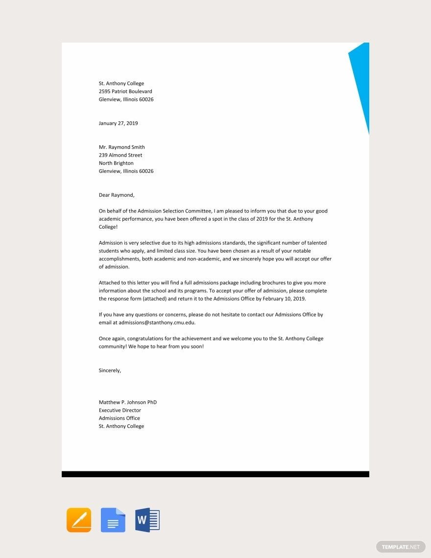 Free Sample Offer of Admission Letter Template