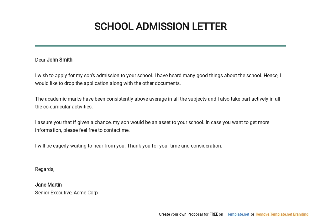 Free School Admission Letter Template - Google Docs, Word