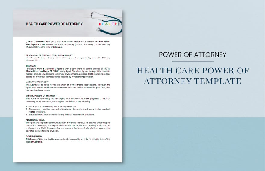 Health Care Power of Attorney Template