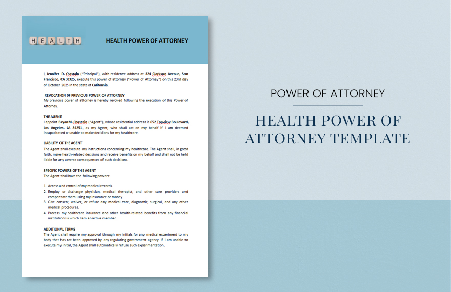 Health Power of Attorney Template in Word, Google Docs