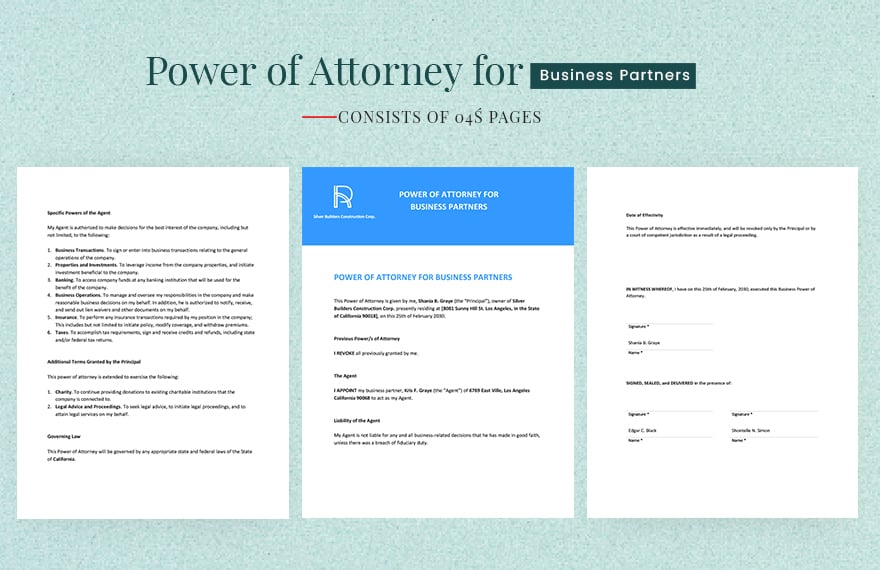 Power of Attorney for Business Partners Template in Word, Google Docs, Apple Pages