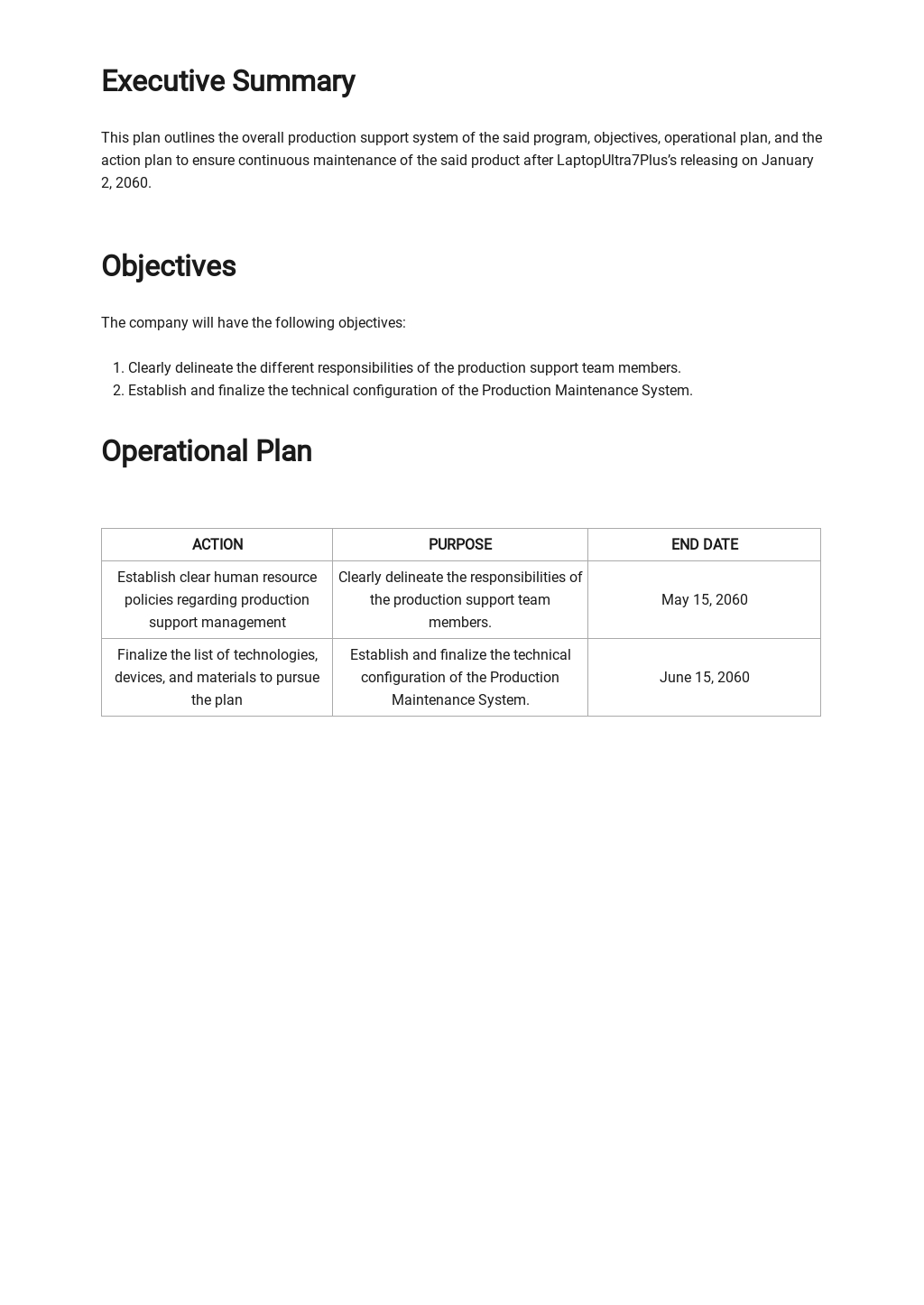 Production Support Plan Template - Word | Google Docs