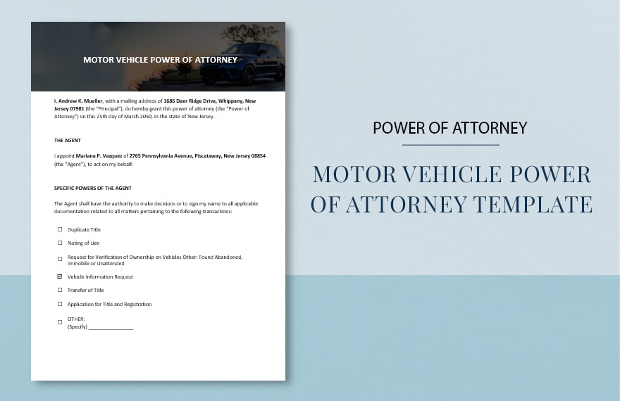 Motor Vehicle Power of Attorney Template