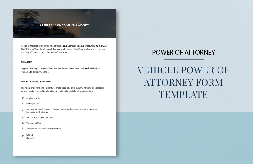 Vehicle Power of Attorney Form Template