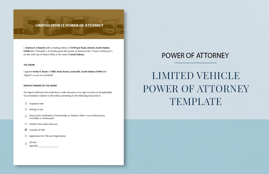 Limited Vehicle Power of Attorney Template