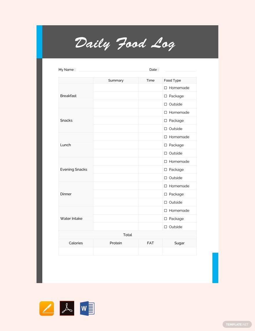 Daily Food Log Template in Word, Google Docs, PDF, Apple Pages