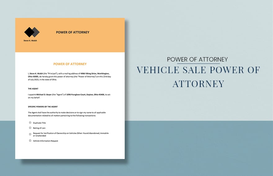 Vehicle Sale Power of Attorney Template in Word, Google Docs, Apple Pages