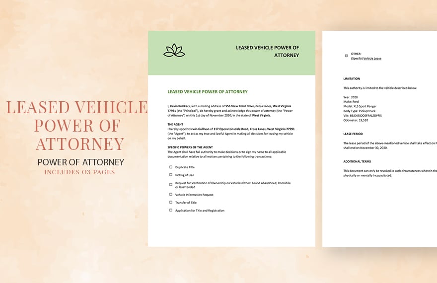 Free Leased Vehicle Power of Attorney Template in Word, Google Docs