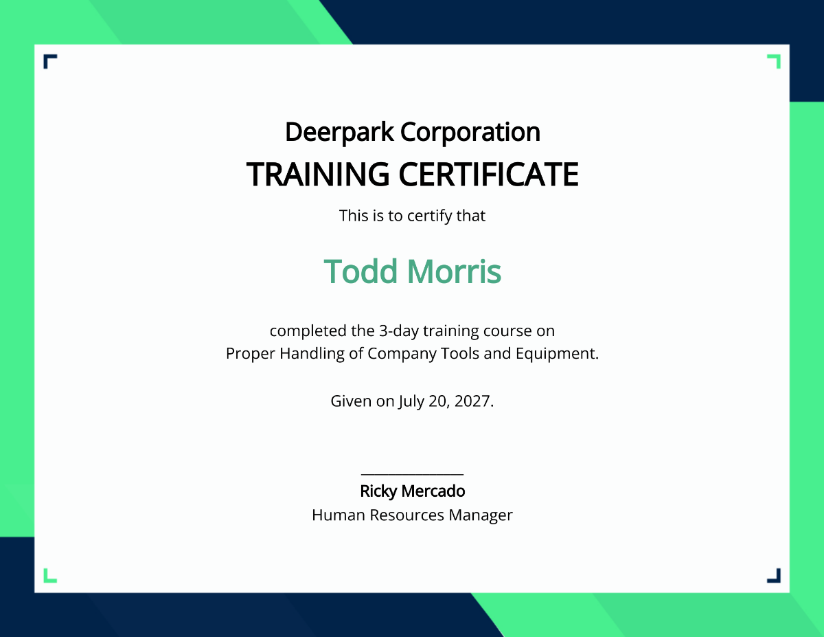 Sample Company Training Certificate