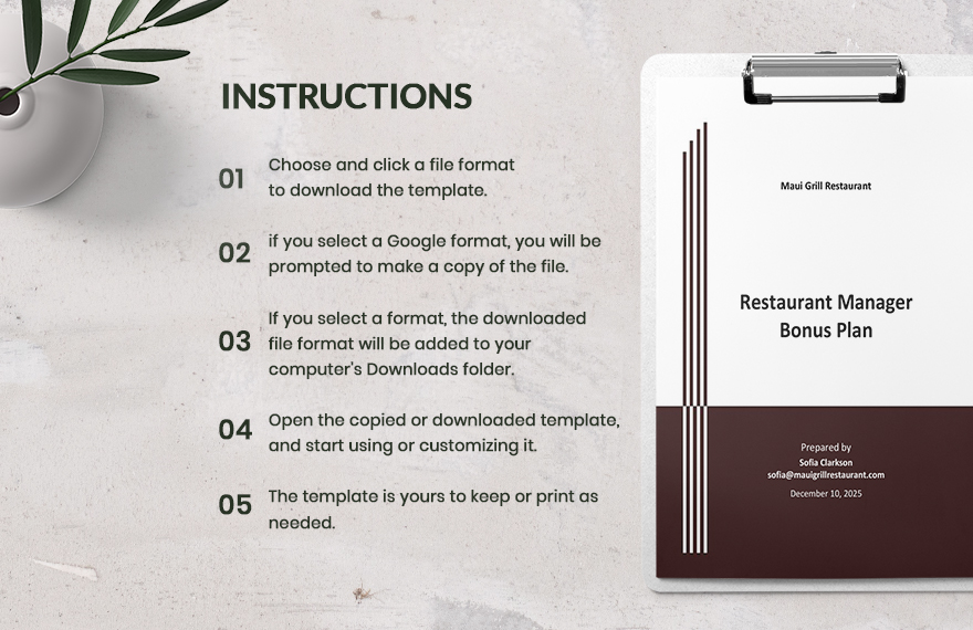 Restaurant Manager Bonus Plan Template