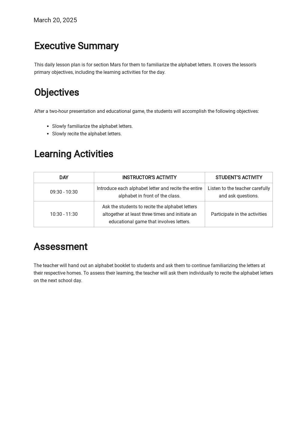 Preschool Daily Lesson Plan Template [Free PDF] | Template.net