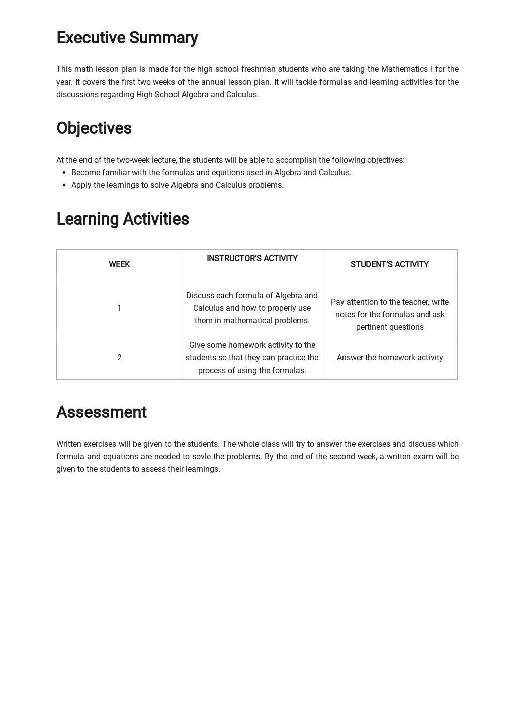 High School Math Lesson Plan Template - Word | Google Docs