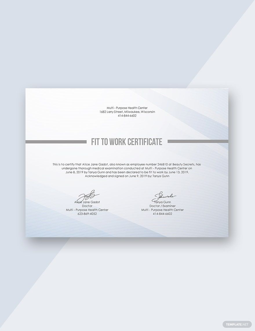 Free Fit to Work Certificate Template