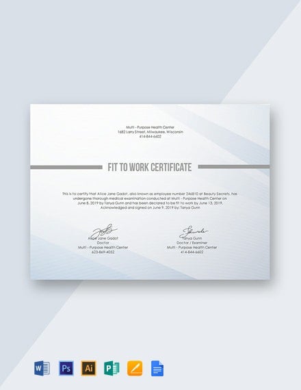Free Fit to Work Certificate Template - Google Docs, Word, Publisher