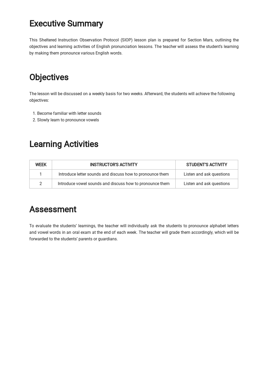 Weekly SIOP Lesson Plan Template Google Docs Word Apple Pages PDF 