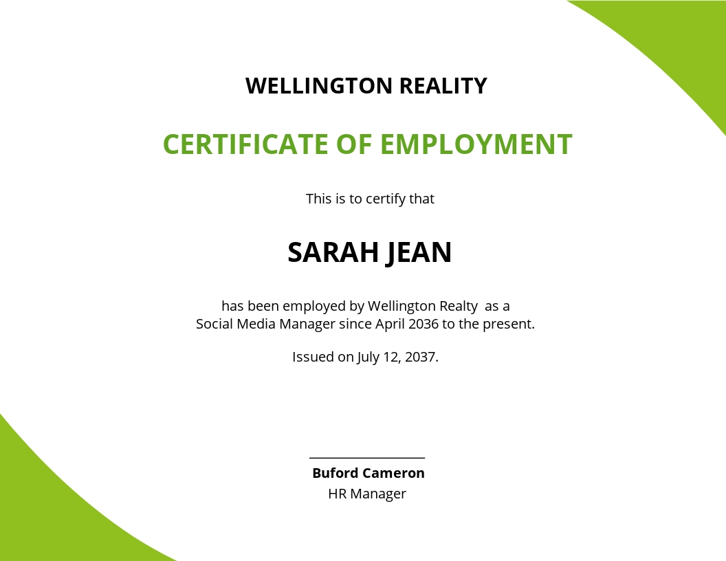 Sample Certificate Employment Template