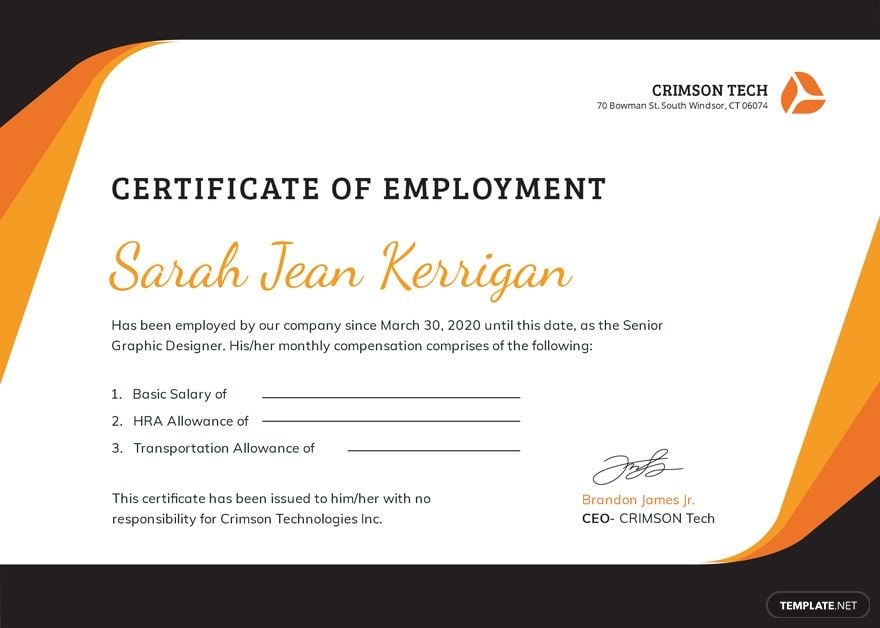 Certificate of Employment with Compensation Template