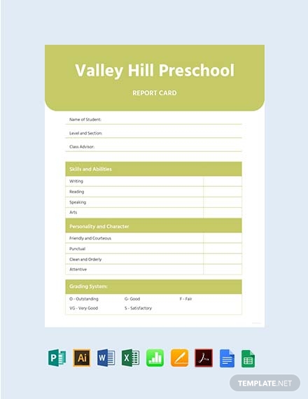 Free Blank Preschool Report Card Template - Illustrator, Excel, Word, Apple Numbers, Apple Pages, PDF, Publisher