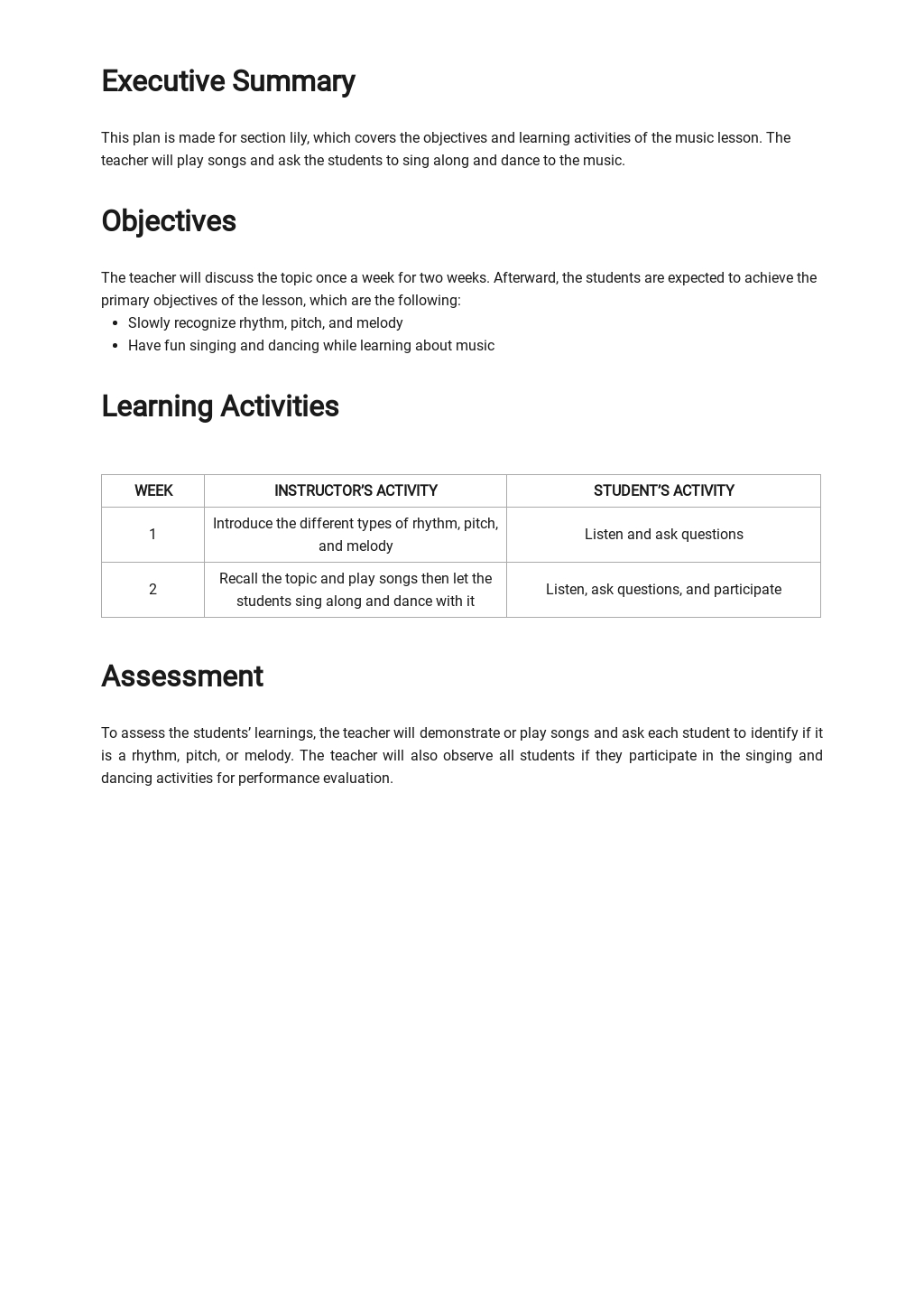 Toddler Music Lesson Plan Template [Free PDF] | Template.net