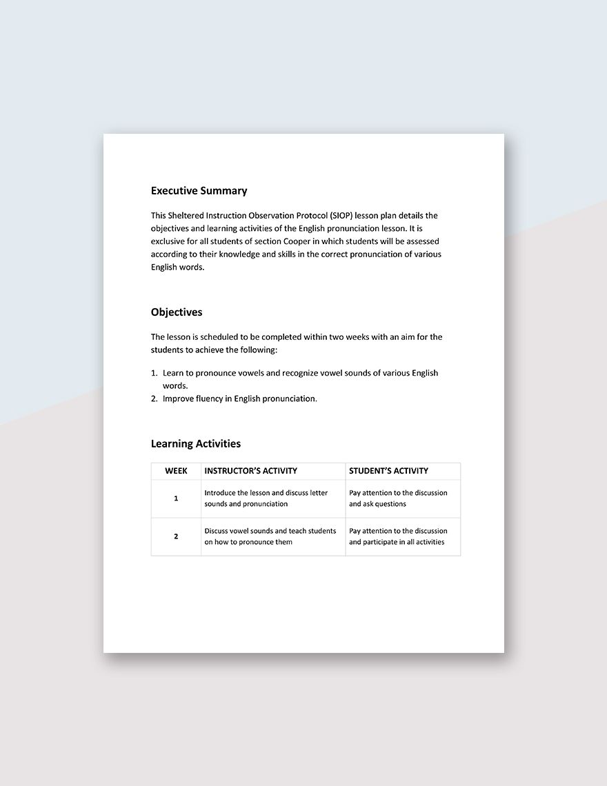Sample SIOP Lesson Plan Template