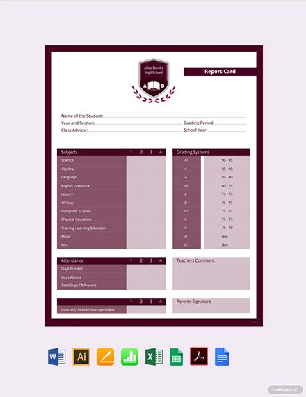 Simple High School Report Card Template - Illustrator, Excel, Word, Apple Numbers, Apple Pages, PDF
