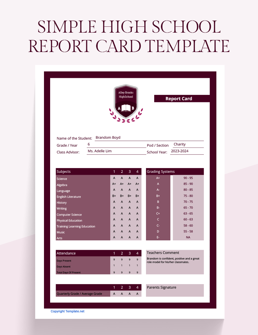 Simple High School Report Card Template