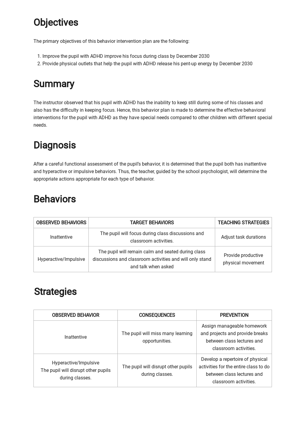 Special Education Behavior Intervention Plan Template in Google Docs