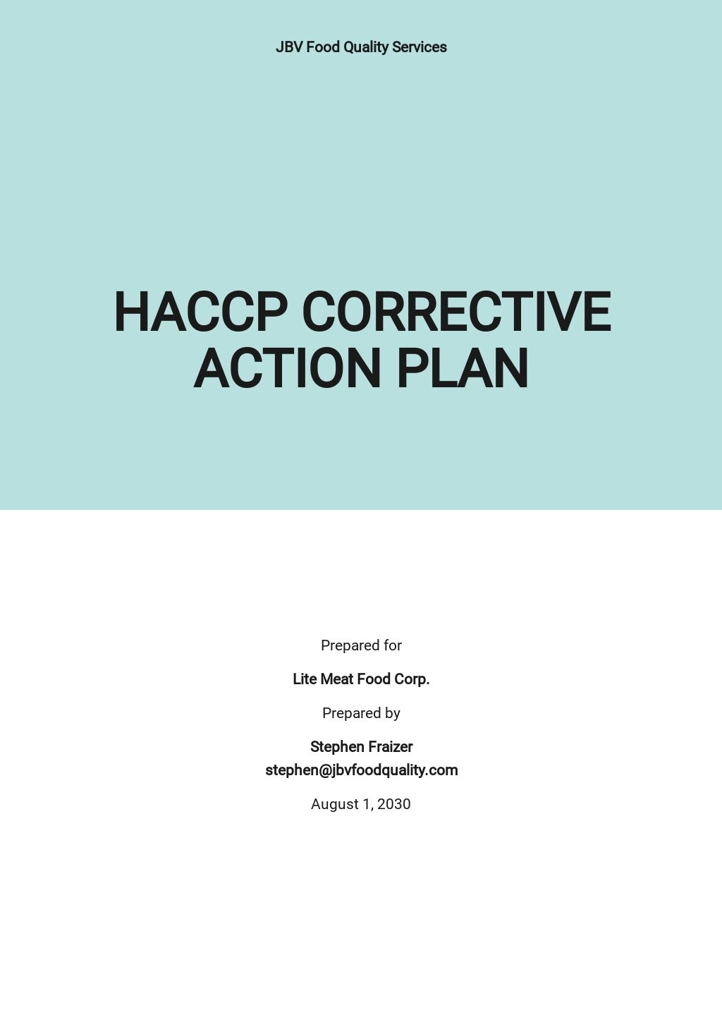 HACCP Corrective Action Plan Template