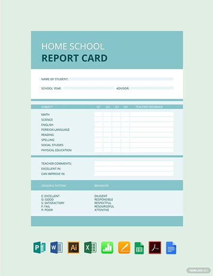 Simple Home School Report Card Template - Illustrator, Excel, Word, Apple Numbers, Apple Pages, PDF, Publisher