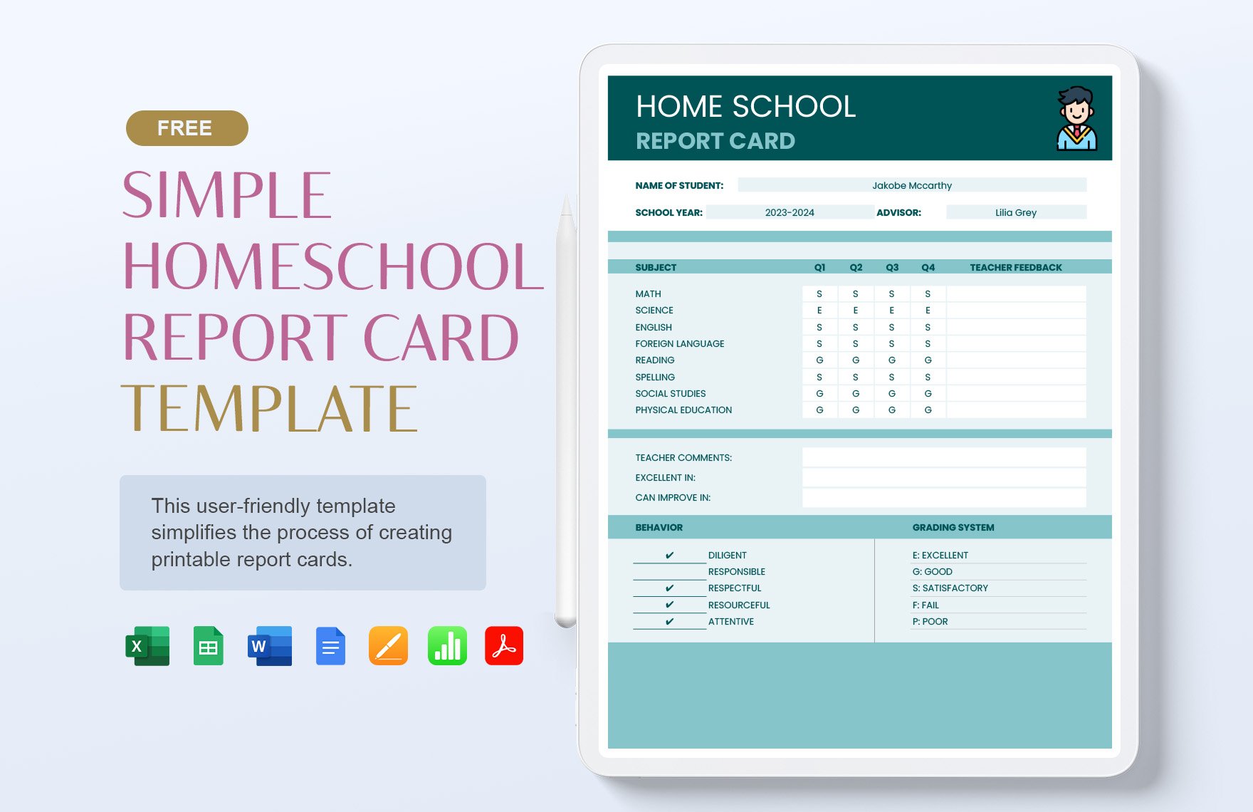 Simple Home School Report Card Template in Word, Google Docs, Excel, PDF, Google Sheets, Illustrator, Apple Pages, Publisher, Apple Numbers